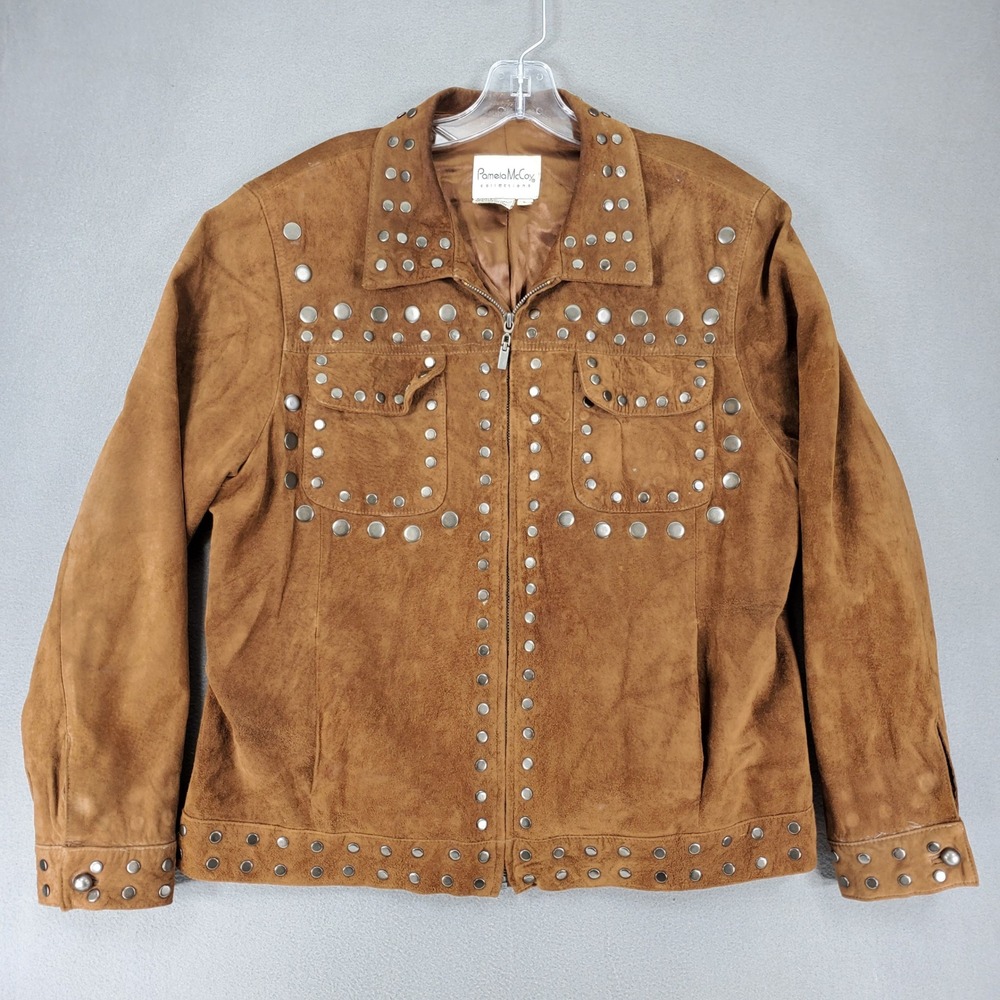 Pamela McCoy Studded Suede Leather Jacket Women L Brown Western Boho Full Zip